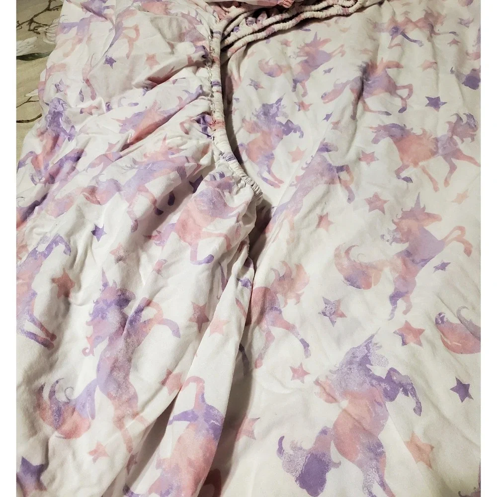 Your Zone Fitted Sheet White Purple Pink Unicorn Stars Cotton Bedding Full Size